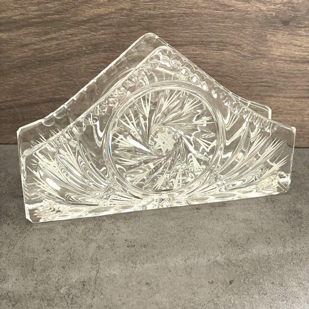 Vintage Pressed Clear Crystal Glass Napkins Letters Papers Holder Unbranded